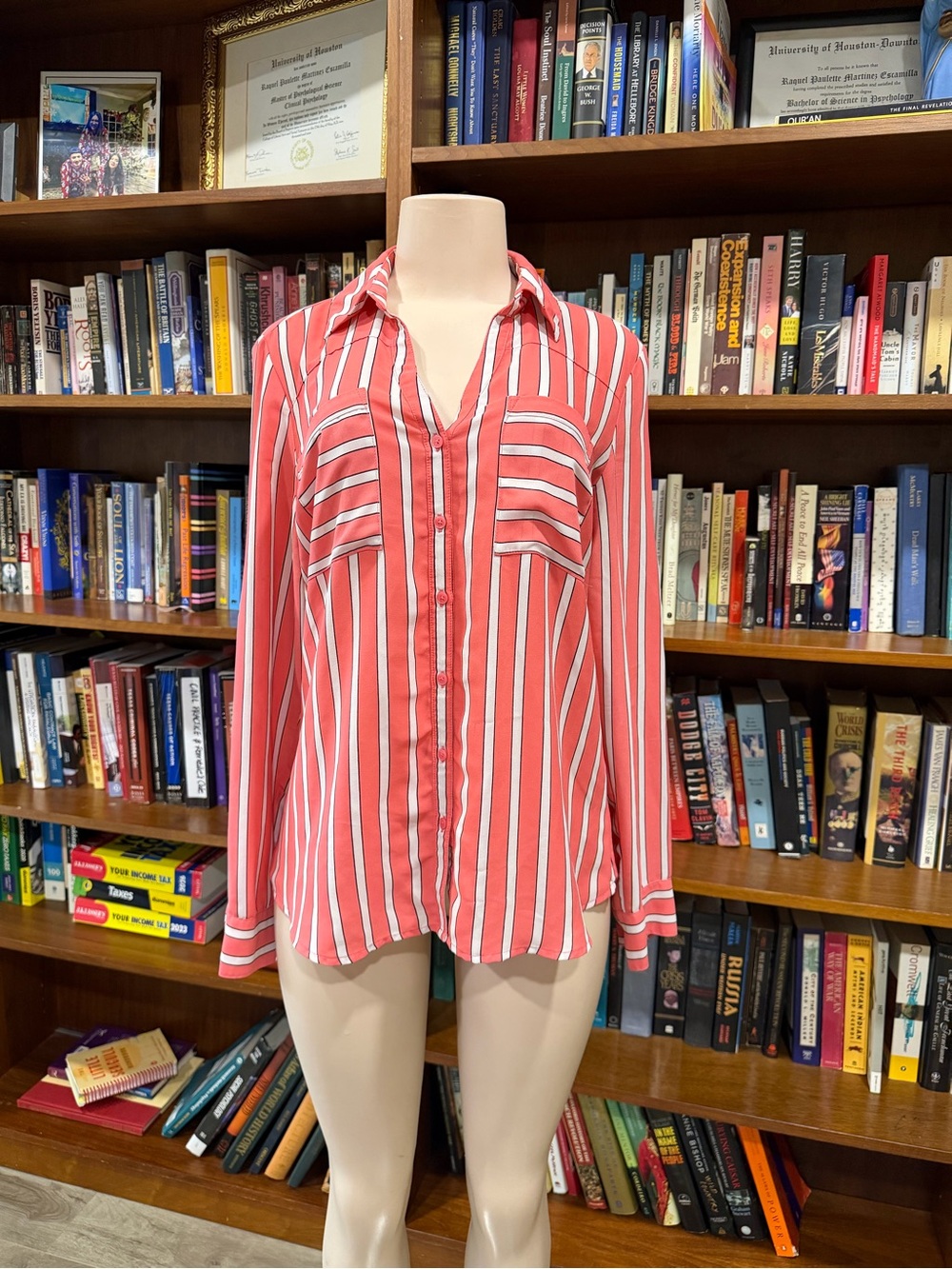 Express Coral and White Striped Button-Down Shirt